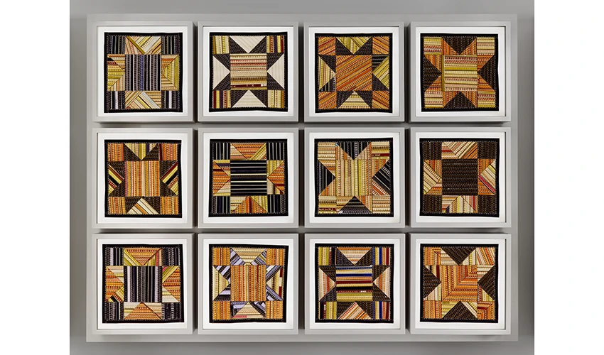3 x 4 grid of square artworks of various geometrical cross patterns